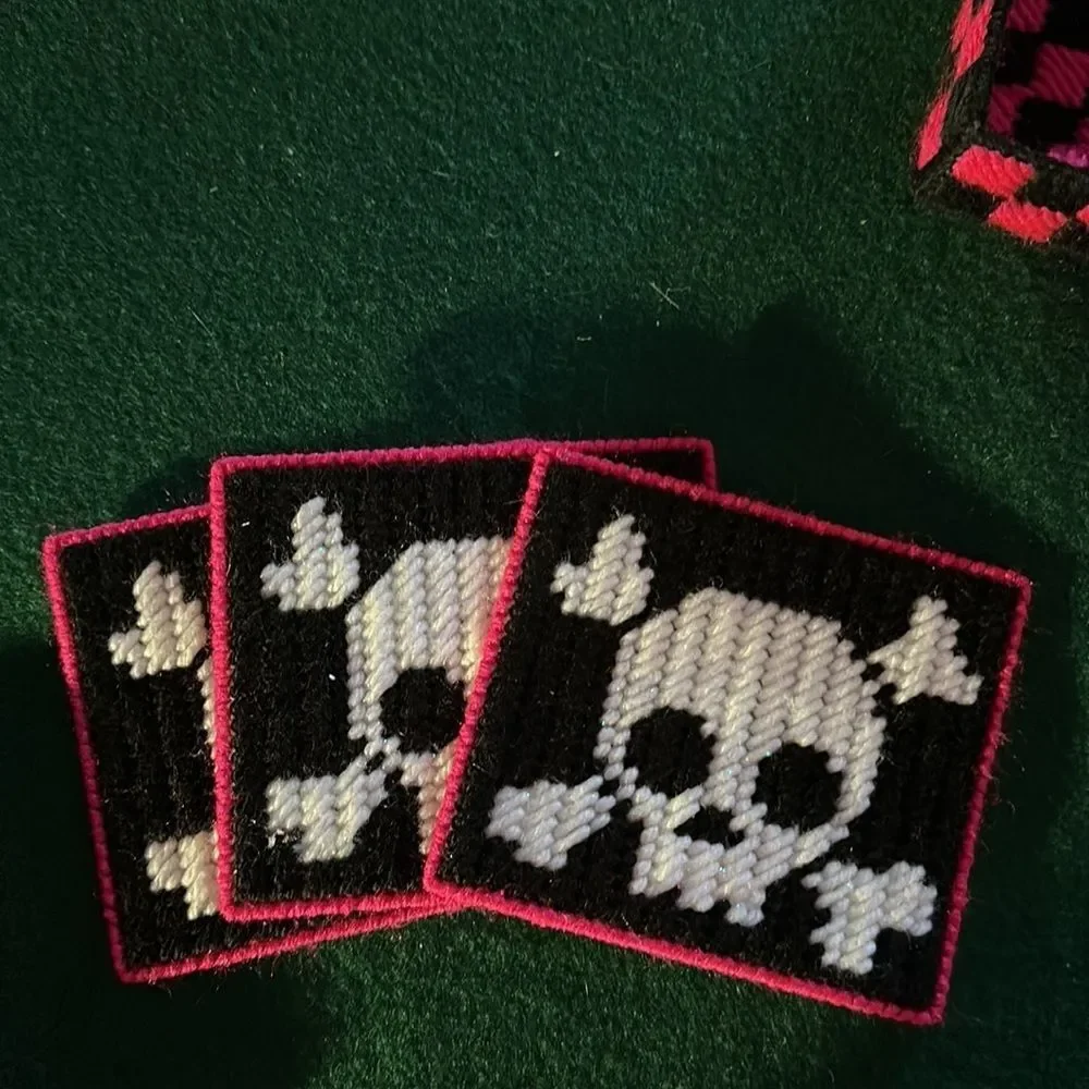 Skull Drink Coaster Set Magenta & Black Set of 6 Gothic Punk Bar Decor